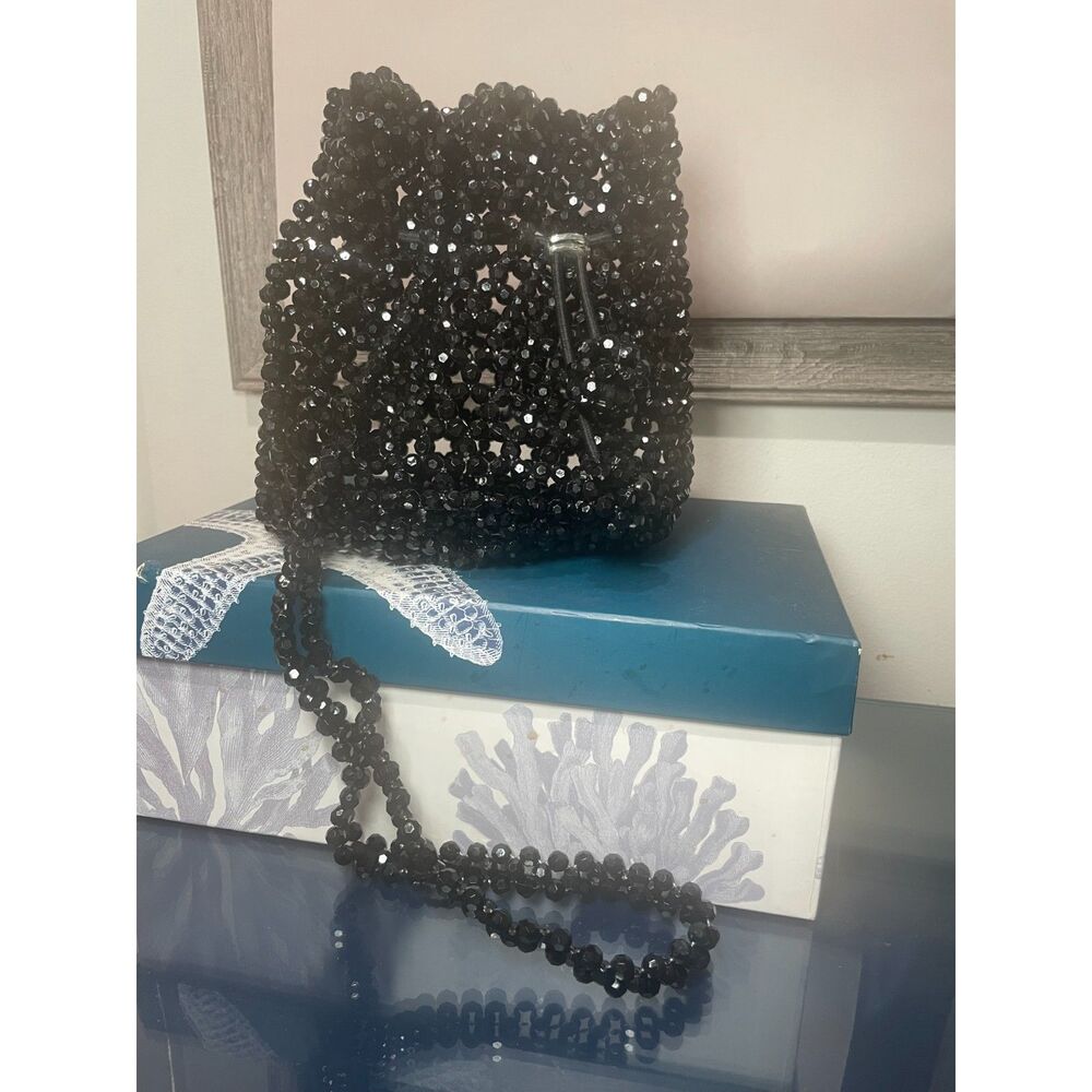 Black Plastic Beaded Sparkle Bucket Purse‎ Shoulder Crossbody Formal Dance Prom